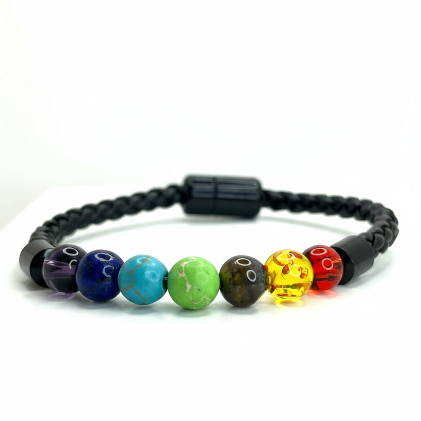 Pulsera 7 chakras de cuero para hombre. Piedras naturales. Envio a toda Colombia