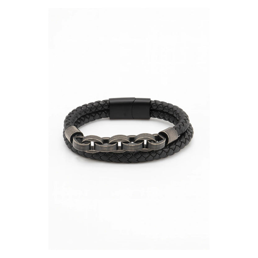Pulsera de cuero trenzado con cadena de acero negra | KRV Accesorios. Diseño moderno y resistente con cierre magnético. Envío gratis y pago contraentrega en Colombia.