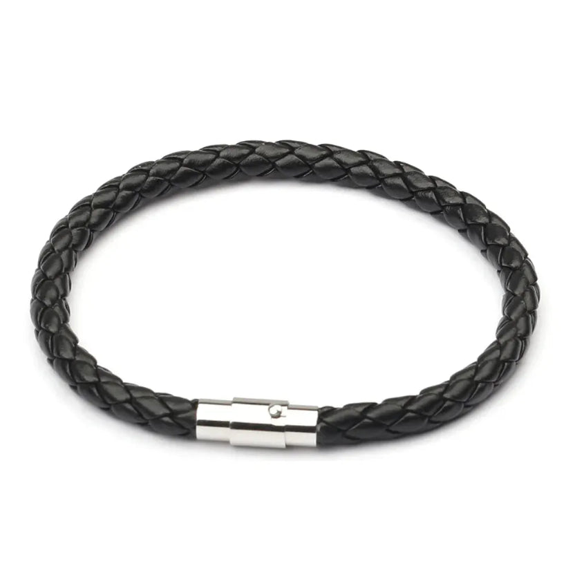 Pulsera de cuero trenzado negro para hombre con cierre magnético plateado krv accesorios, envio gratis y contraentrega disponible colombia
