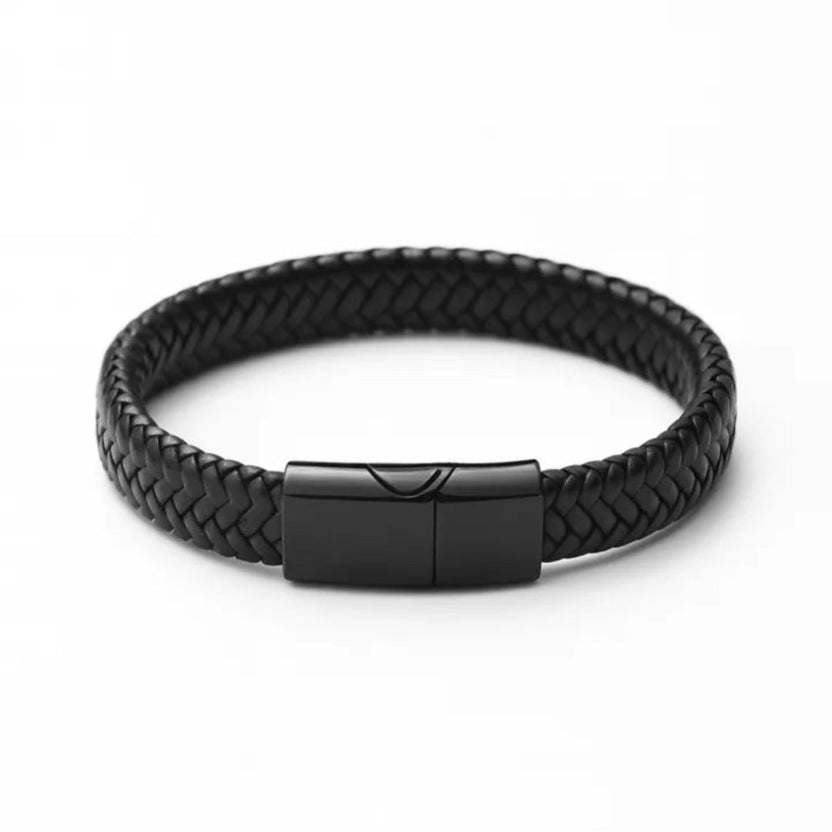 Pulsera de cuero trenzado negro para hombre con cierre magnético rectangular negro