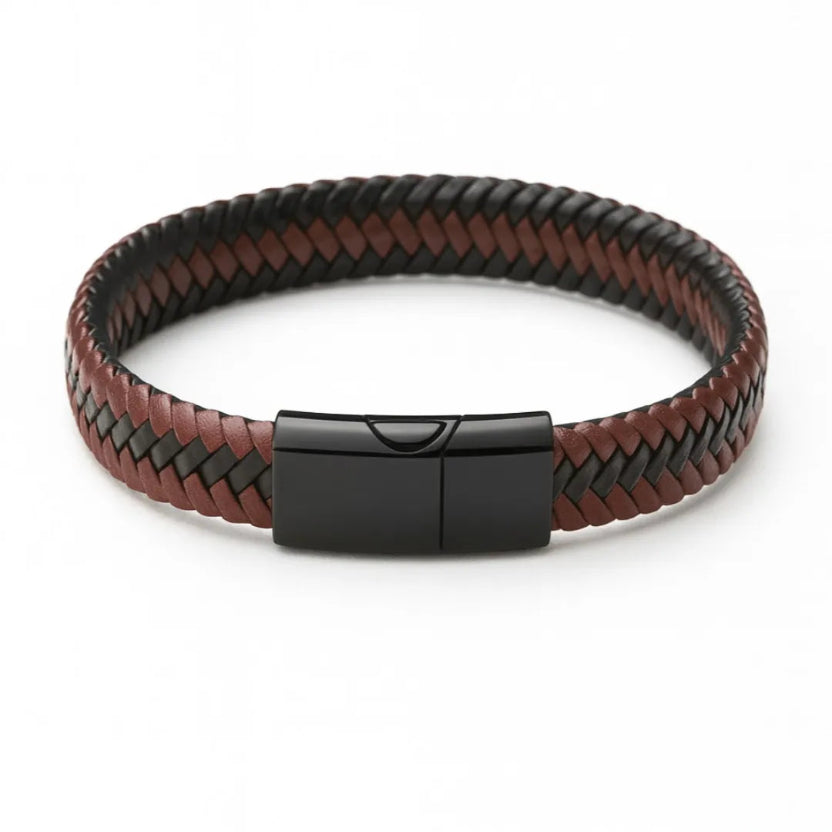 Pulsera de cuero trenzado negro y marrón para hombre con cierre magnético rectangular en acero negro