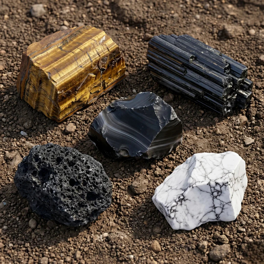 5 piedras en crudo sin tratar, donde se visualizan Ojo tigre, Turmalina, Onix, volcánica y Howlita