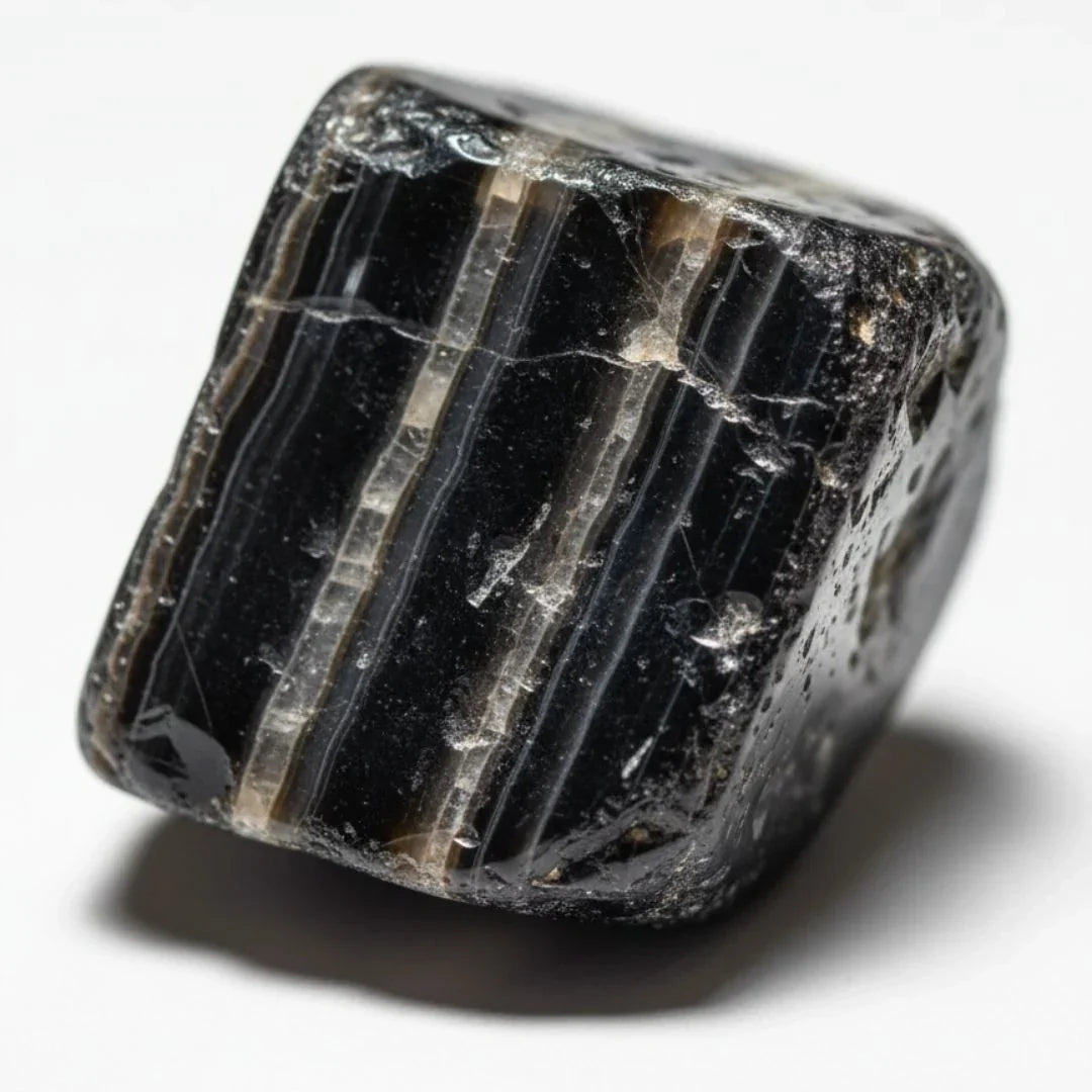 Piedra ónix sin tratar en fondo blanco, para ver diferencias entre una real y una falsa