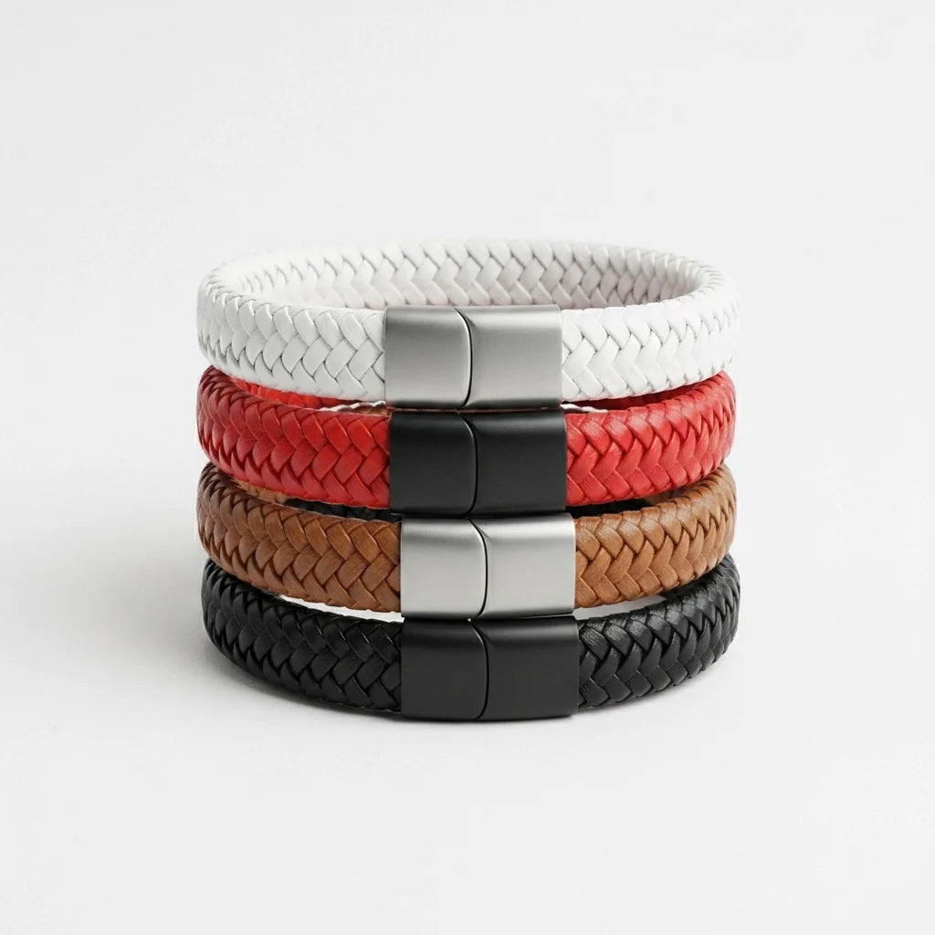 Conjunto de pulseras de cuero en fondo blanco fotografico con cierre magnetico de acero inoxidable color negro y plateado mate
