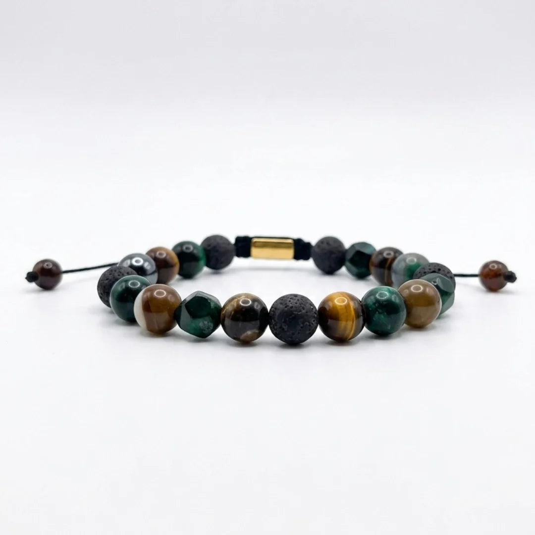 Pulsera de ojo de tigre verde y piedra volcánica para hombre con espaciador dorado
