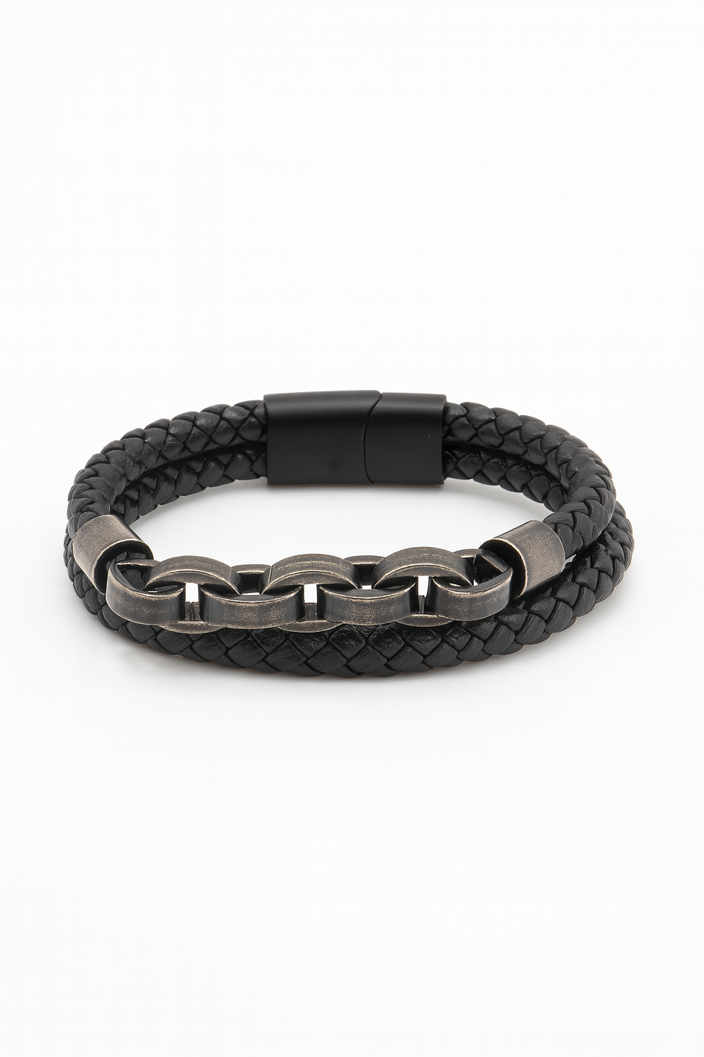 Pulsera de Cuero Negro Mate y Cadena de Acero Inoxidable para Hombre – Diseño Robusto y Sofisticado