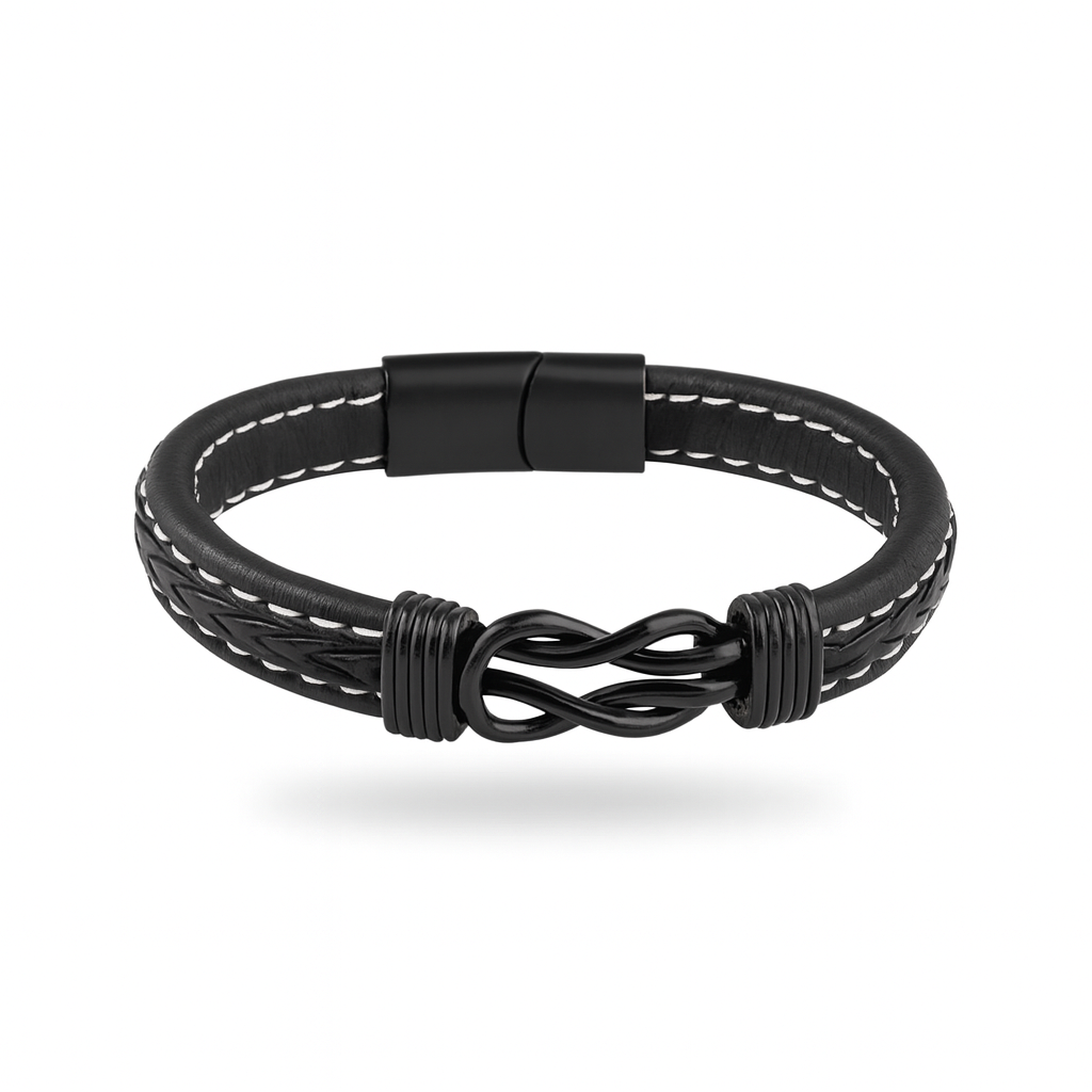 Pulsera de Cuero Negro con Detalle de Nudo en Aleación Plateada
