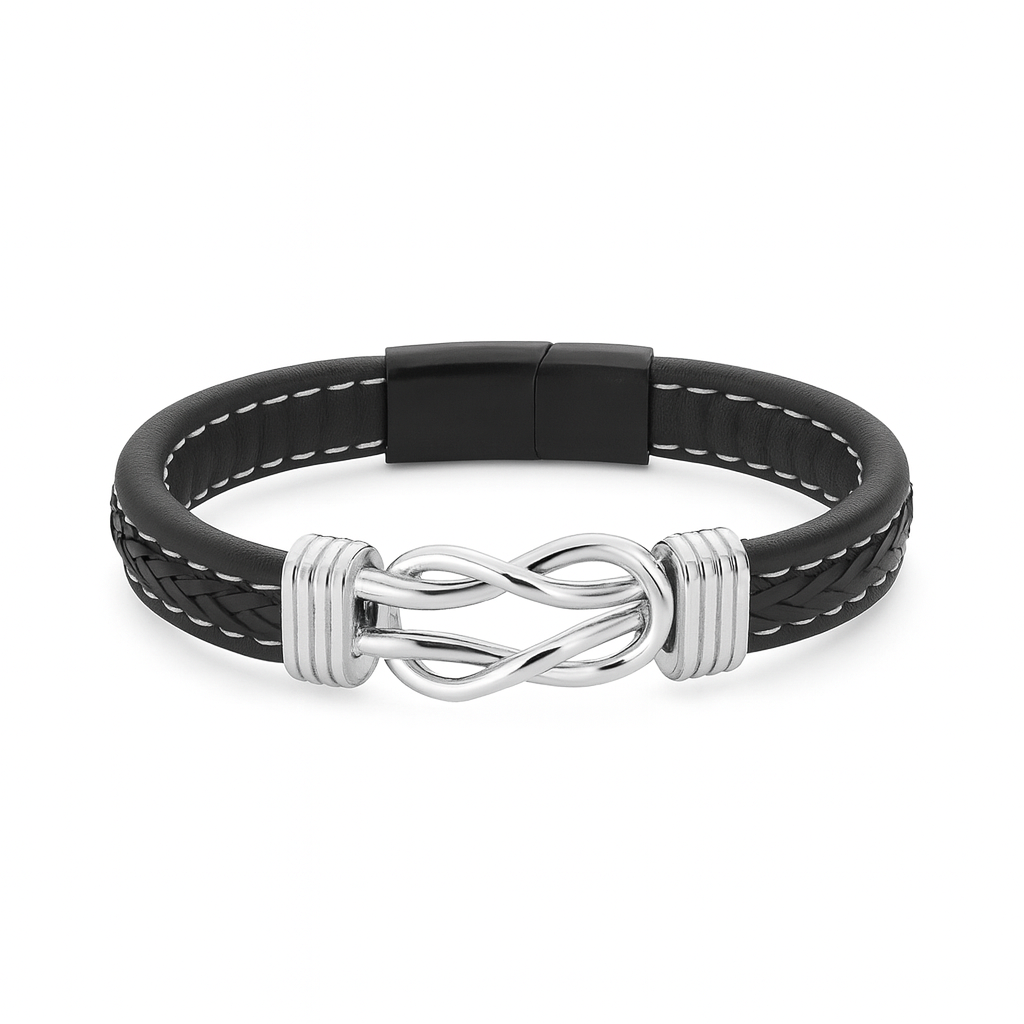 Pulsera de Cuero Negro con Detalle de Nudo en Aleación Plateada