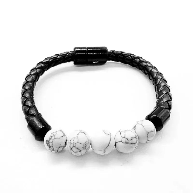 Pulsera de Howlita con Cuero Negro para Hombre – Diseño Moderno y Sofisticado