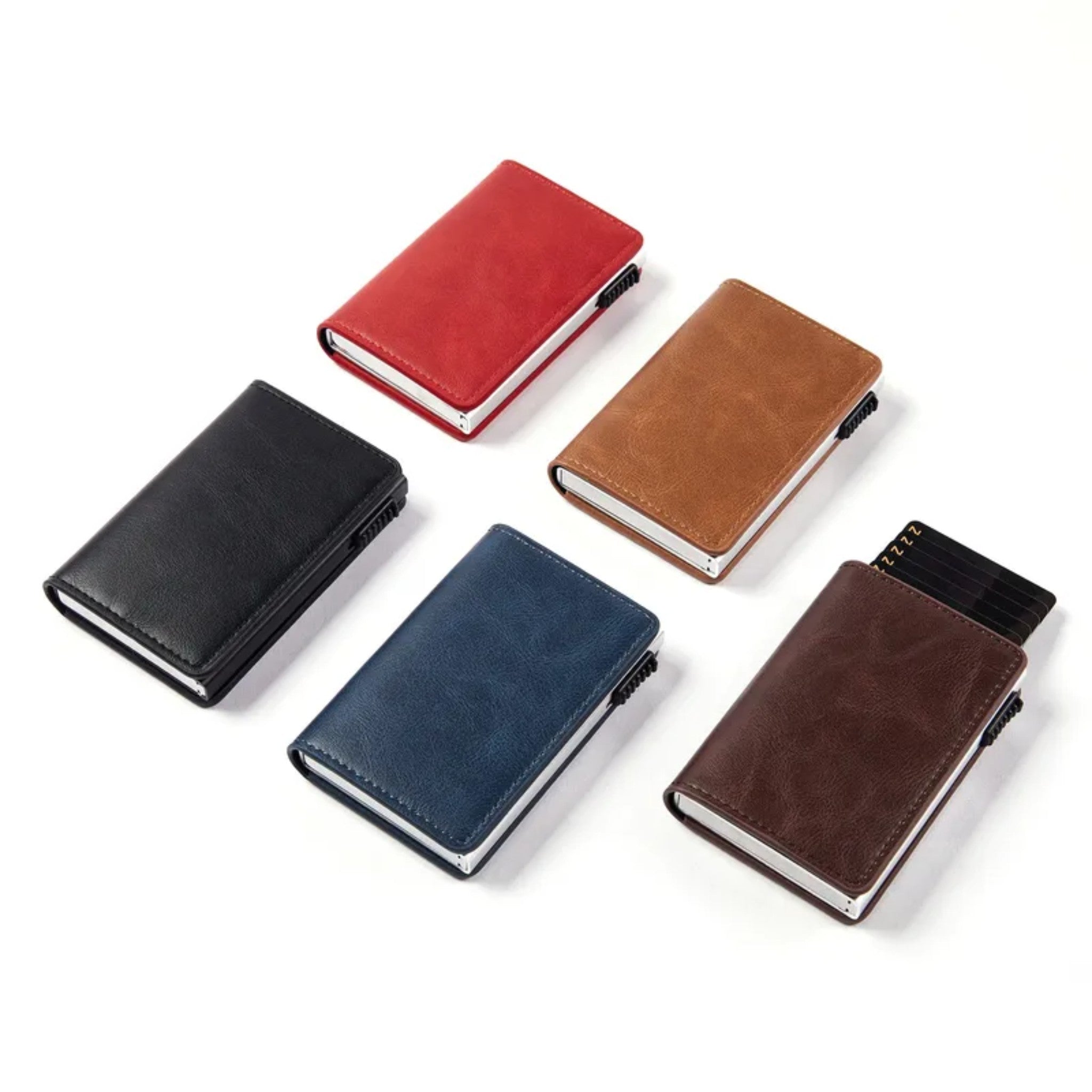 Cartera de Cuero Premium con Tarjetero Plegable en Acero Inoxidable y Botón Automático de Expulsión de Tarjetas RFID