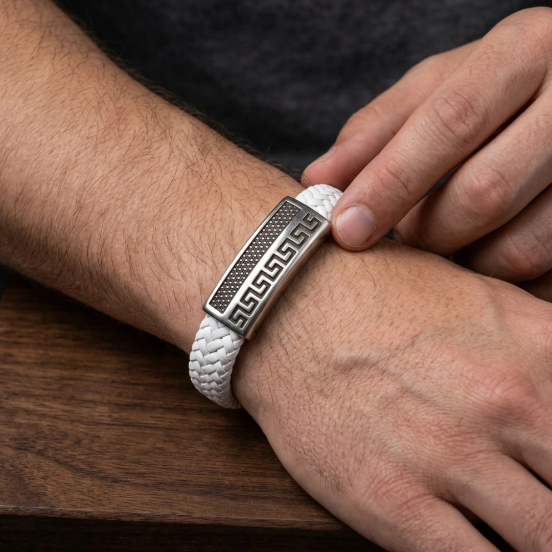 Pulsera de cuero blanco, para hombre, simbología greek key 