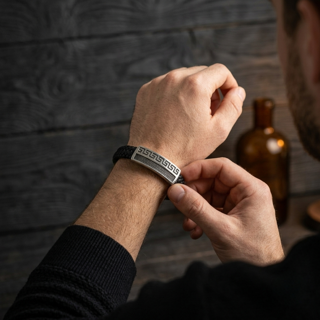 hombre modelando pulsera de cuero con placa metalica estilo griego