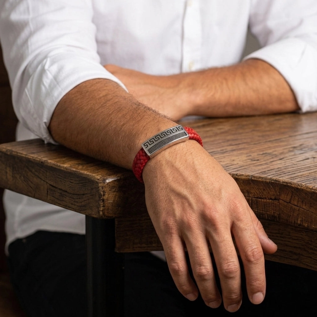 Pulsera siendo modelada por hombre que posa su mano sobre una mesa, la pulsera es de cuero con placa metalica