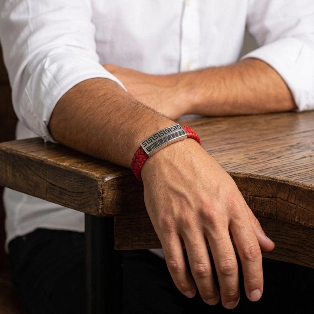 Pulsera siendo modelada por hombre que posa su mano sobre una mesa, la pulsera es de cuero con placa metalica