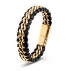 Pulsera de cuero y cadena de acero inoxidable entretejida