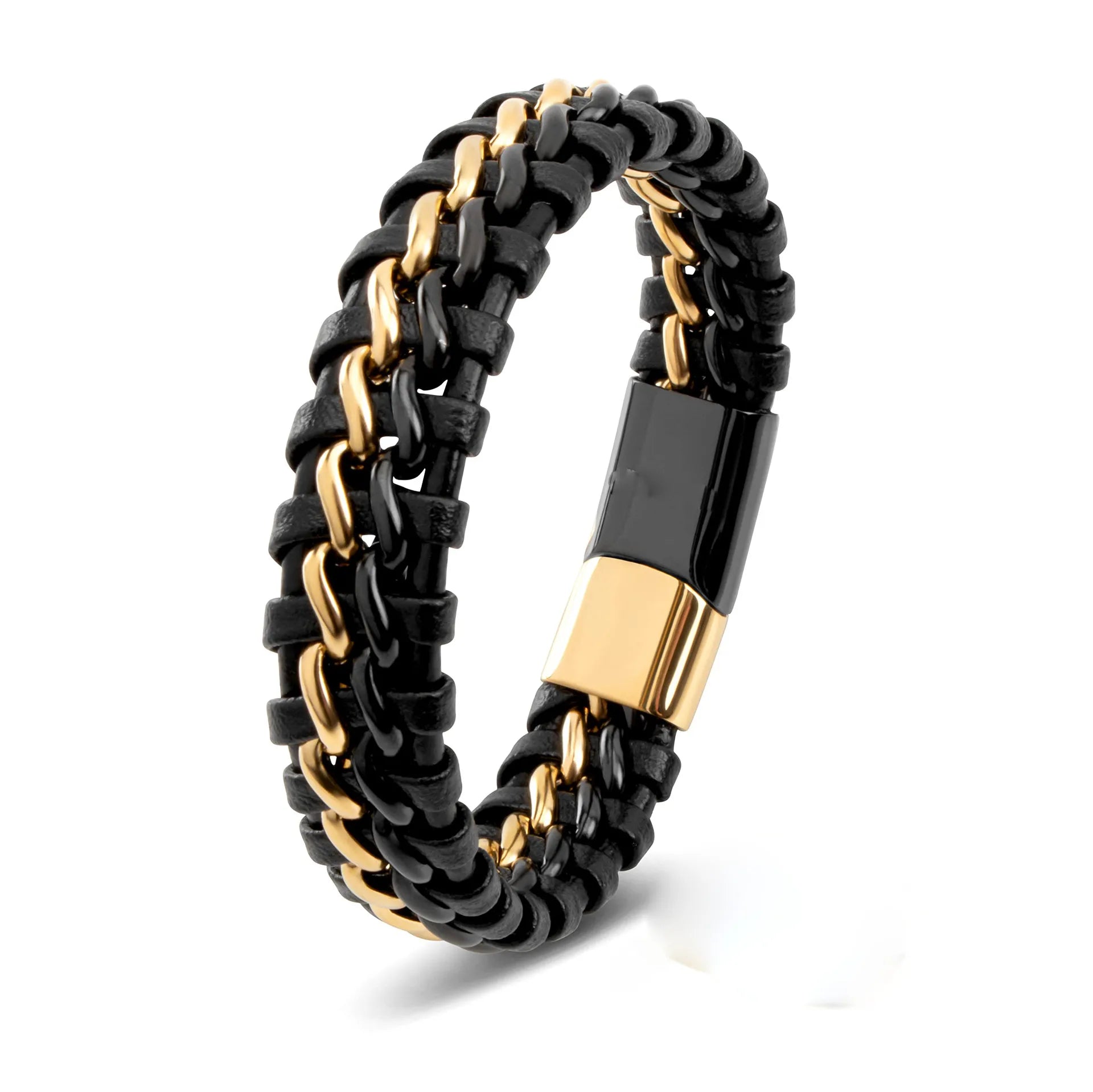 Pulsera de cuero y cadena de acero inoxidable entretejida
