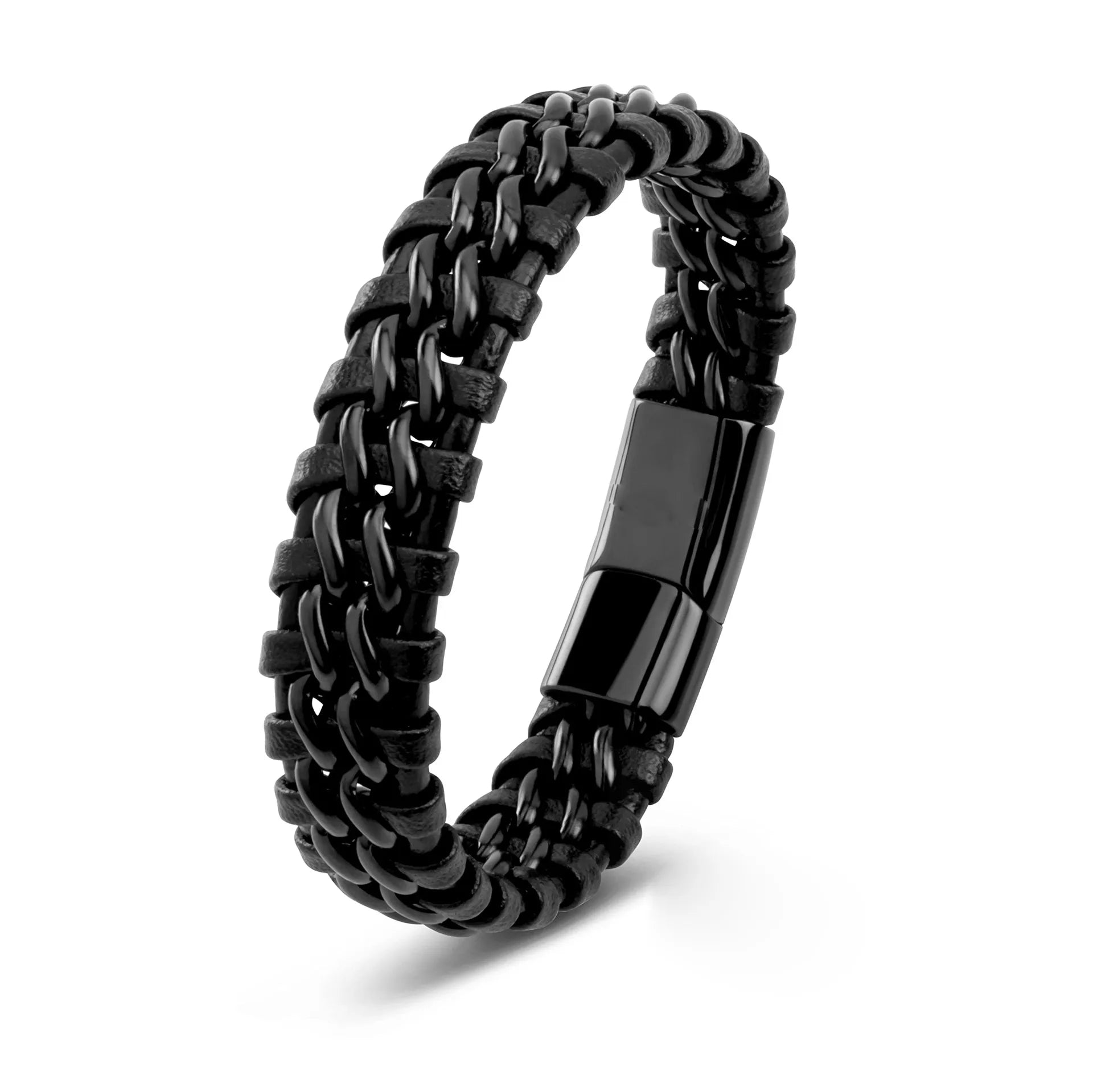 Pulsera de cuero y cadena de acero inoxidable entretejida