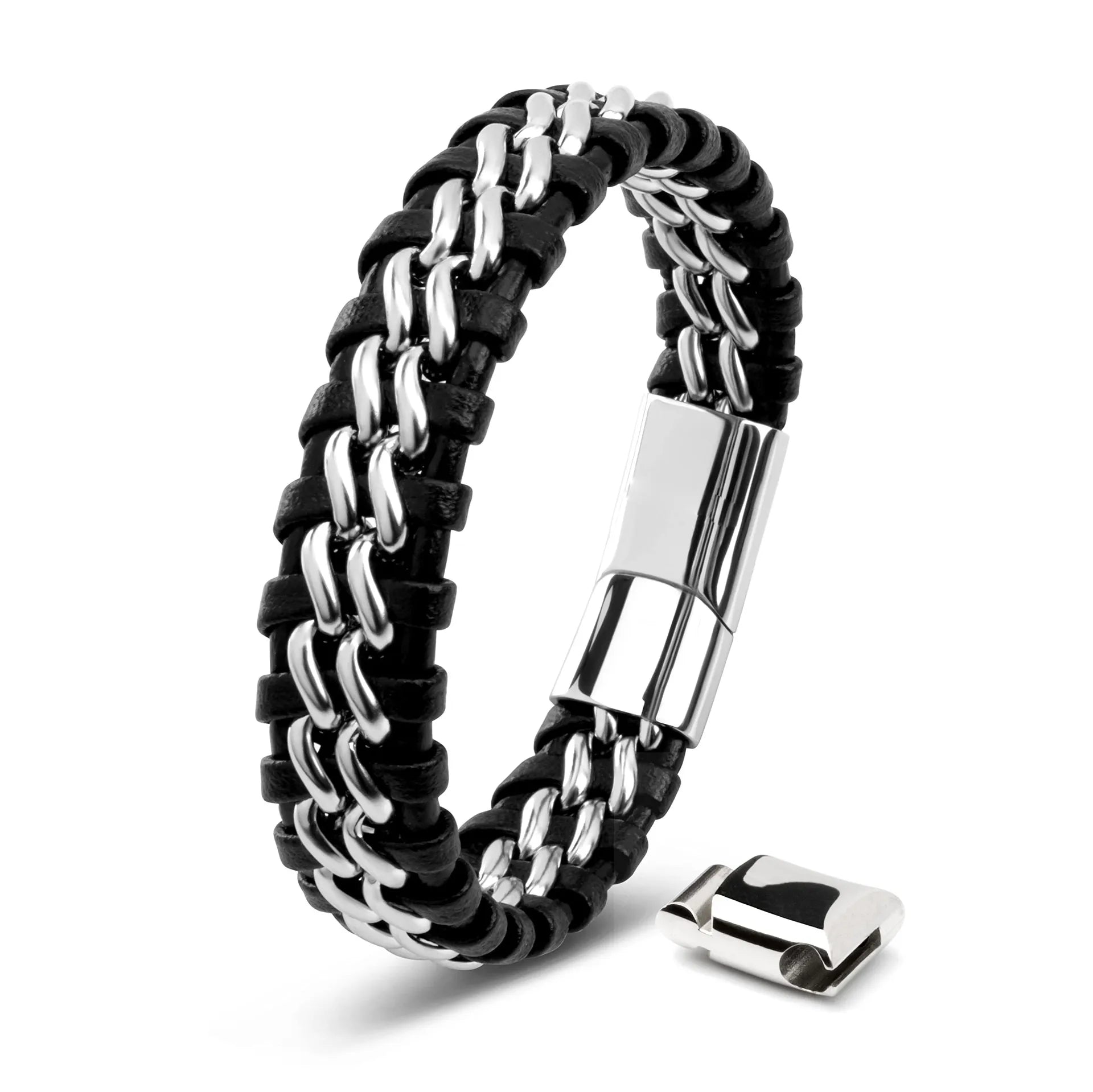 Pulsera de cuero y cadena de acero inoxidable entretejida