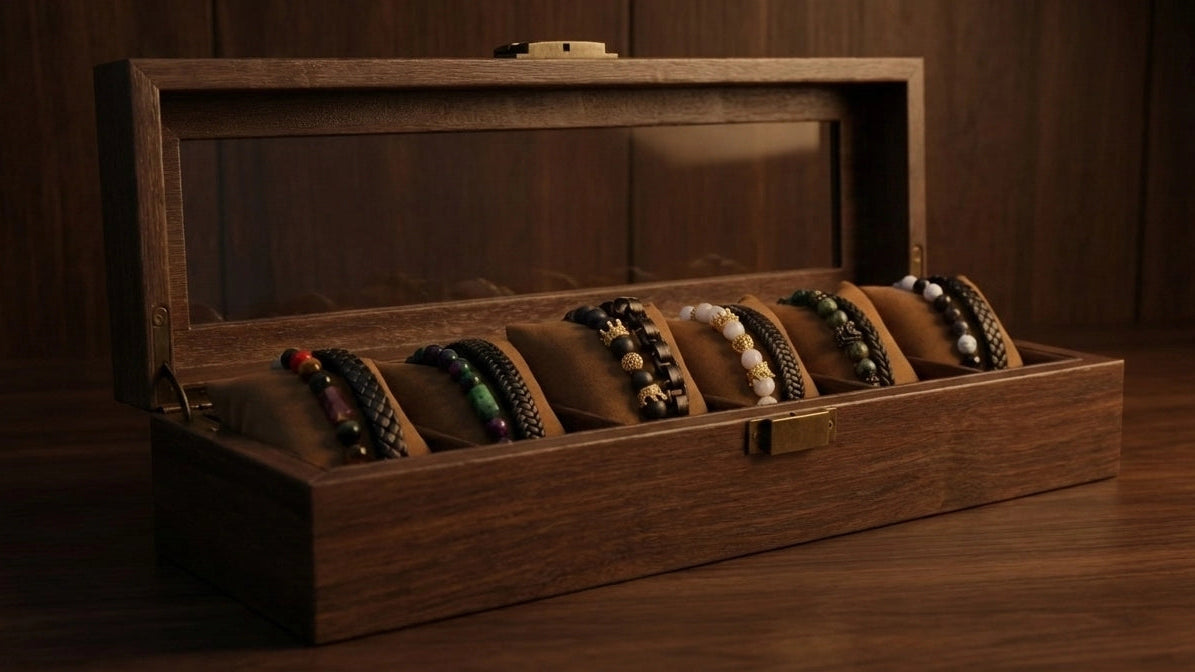Set de pulseras de cuero y piedras naturales sobre mesa de madera, exhibiendose en caja de regalo, accesorios para hombre que buscan cuero genuino y de calidad premium
