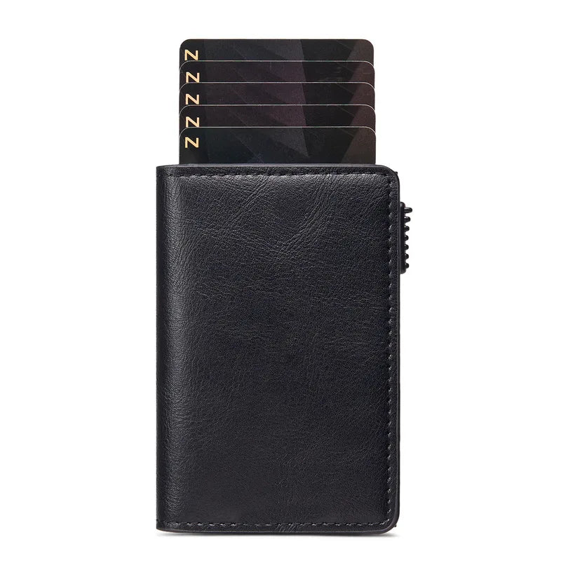 Cartera de Cuero Premium con Tarjetero Plegable en Acero Inoxidable y Botón Automático de Expulsión de Tarjetas RFID