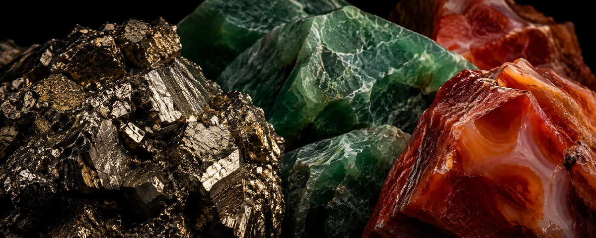 Banner de colección masculina de piedras en bruto asociadas a la abundancia