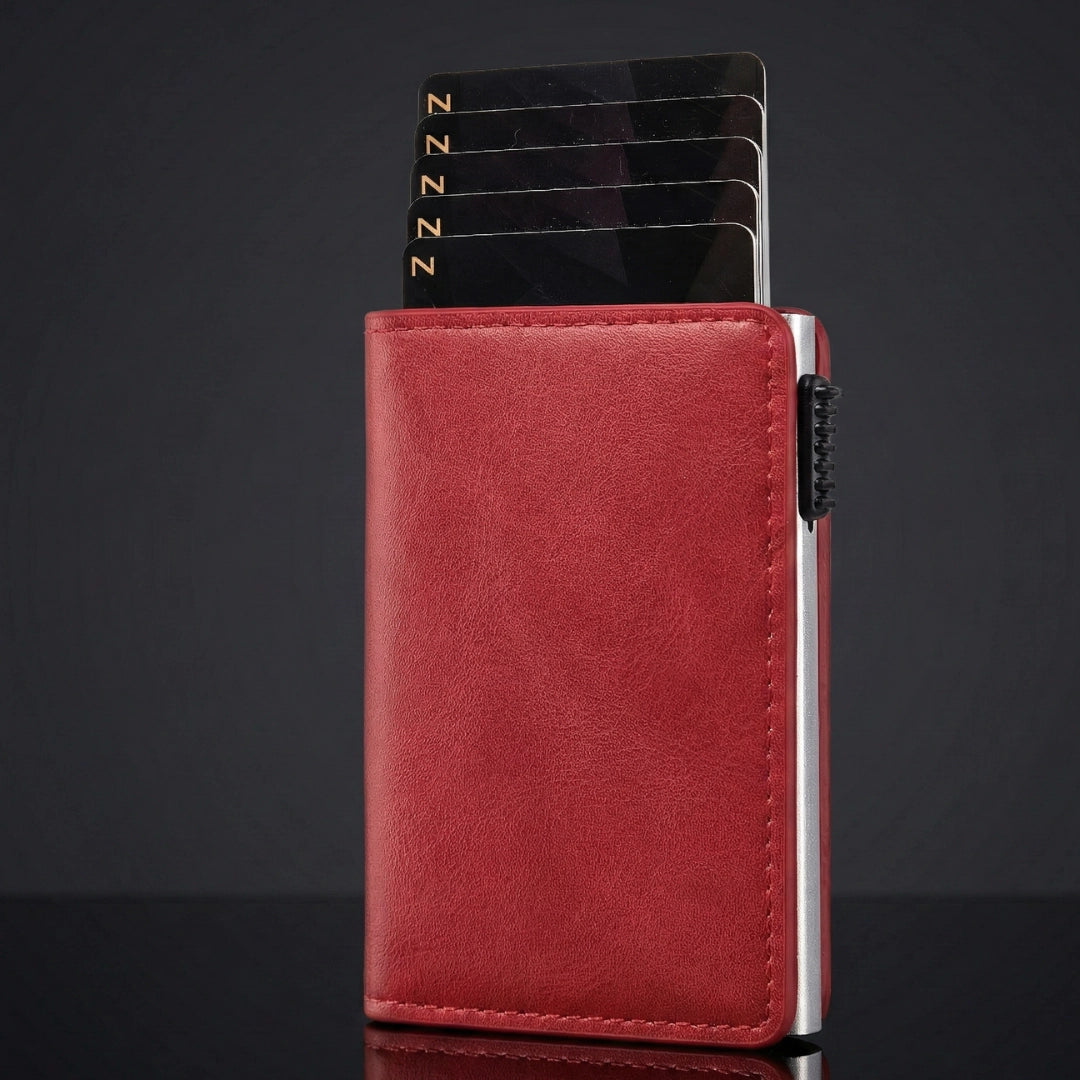 Tarjetero Antirobo de cuero y Acero: Rojo