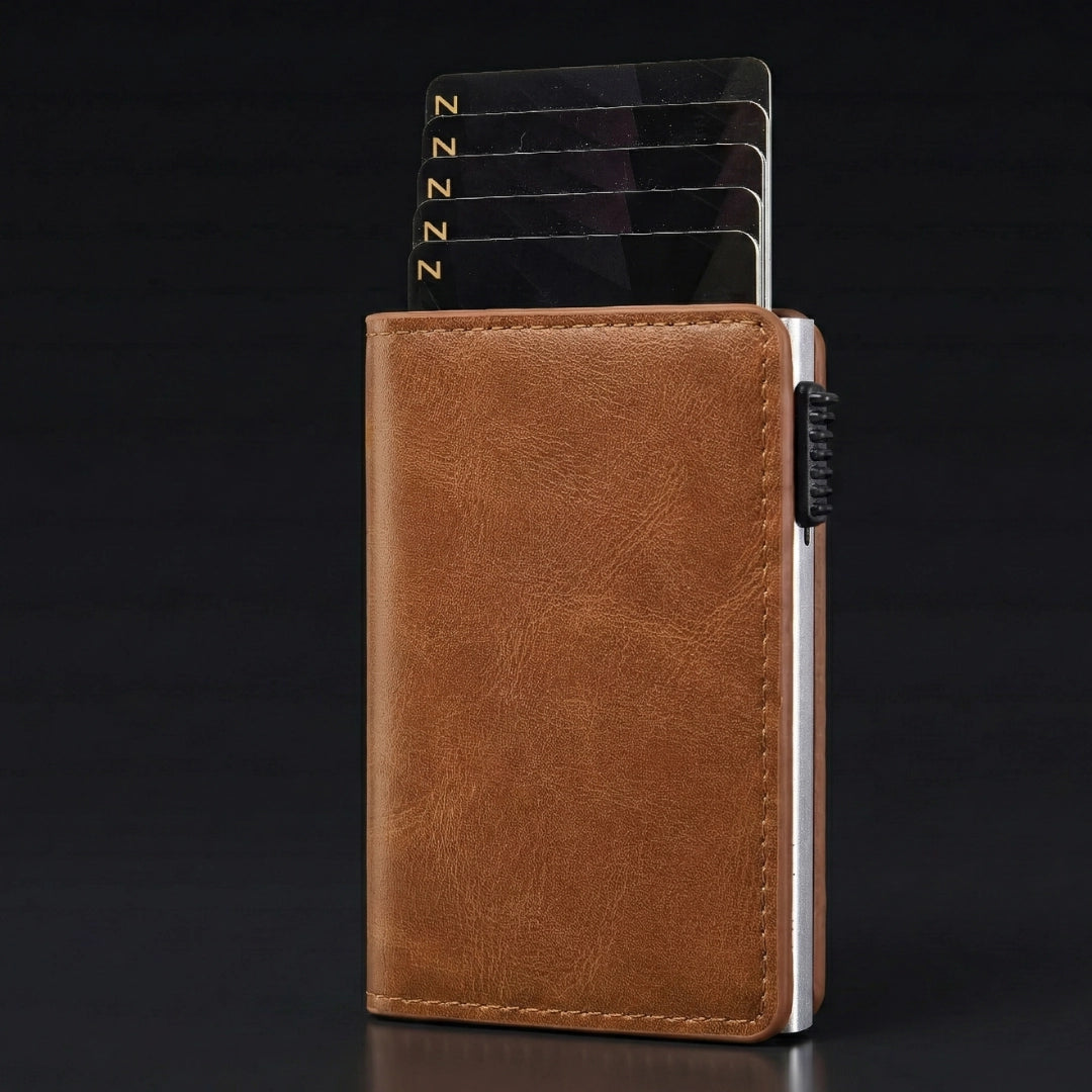 Tarjetero Antirobo de cuero y Acero: Marrón