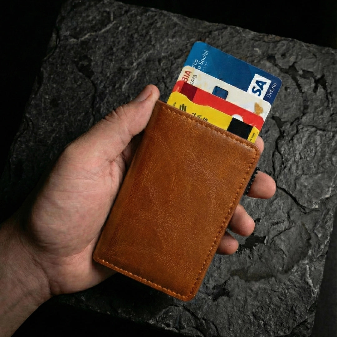 Tarjetero Antirobo de cuero y Acero: Marrón