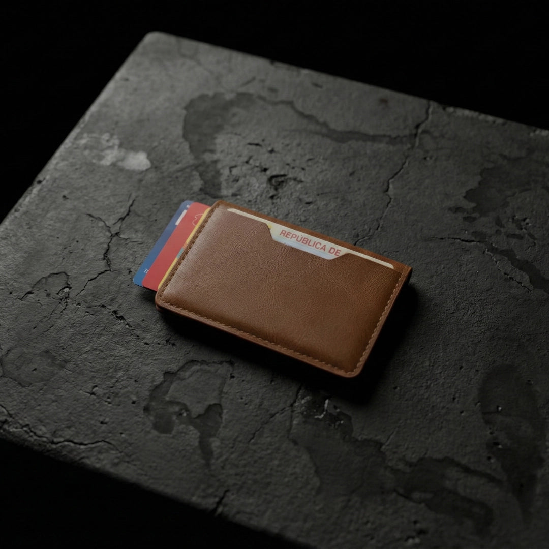 Tarjetero Antirobo de cuero y Acero: Marrón
