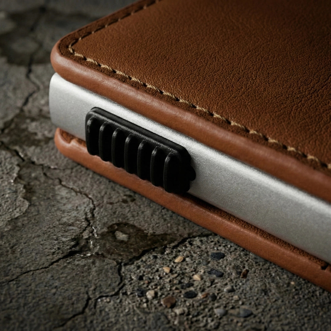 Tarjetero Antirobo de cuero y Acero: Marrón