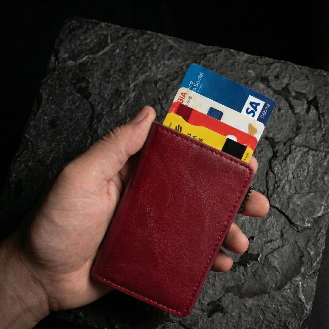 Tarjetero Antirobo de cuero y Acero: Rojo