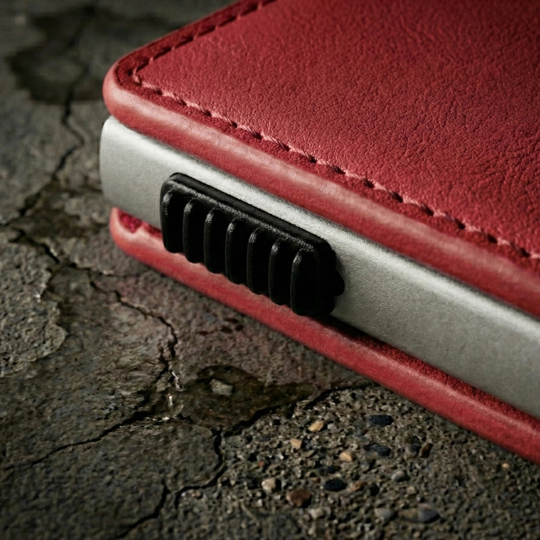 Tarjetero Antirobo de cuero y Acero: Rojo