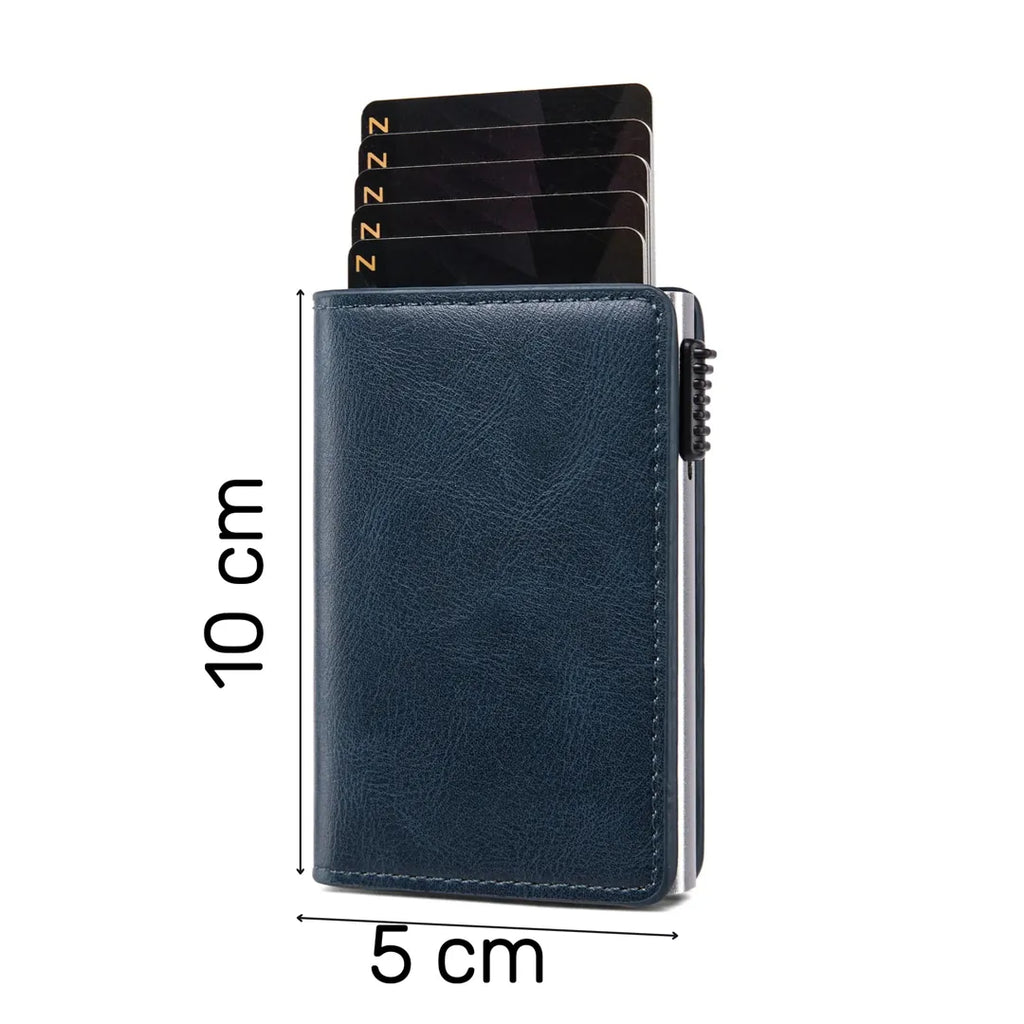 Billetera RFID de cuero azul premium para hombre con tarjetero plegable en acero inoxidable y botón automático de expulsión de tarjetas