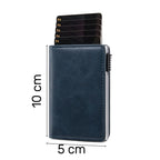 Billetera RFID de cuero azul premium para hombre con tarjetero plegable en acero inoxidable y botón automático de expulsión de tarjetas