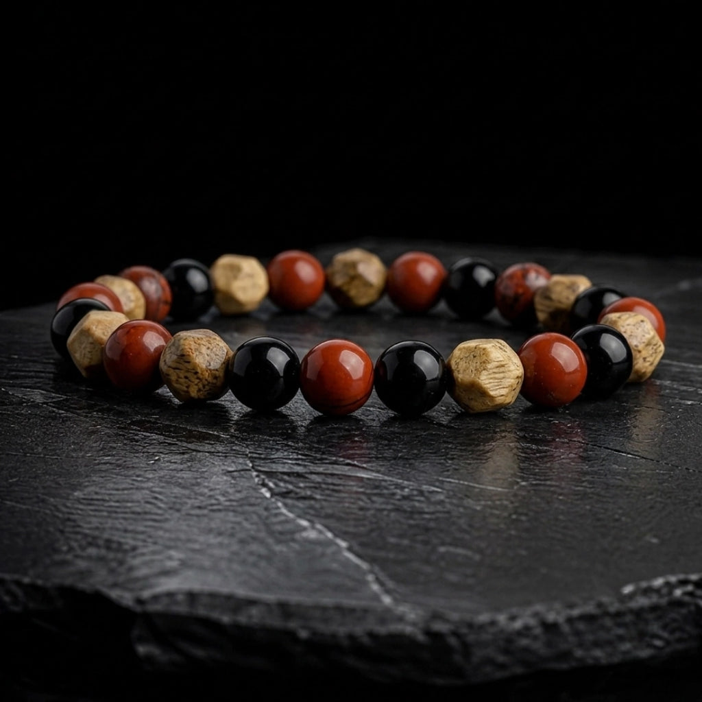 Pulsera jaspe amarillo y jaspe rojo natural, con piedras facetadas excelentes para regalar a hombres en día especial 