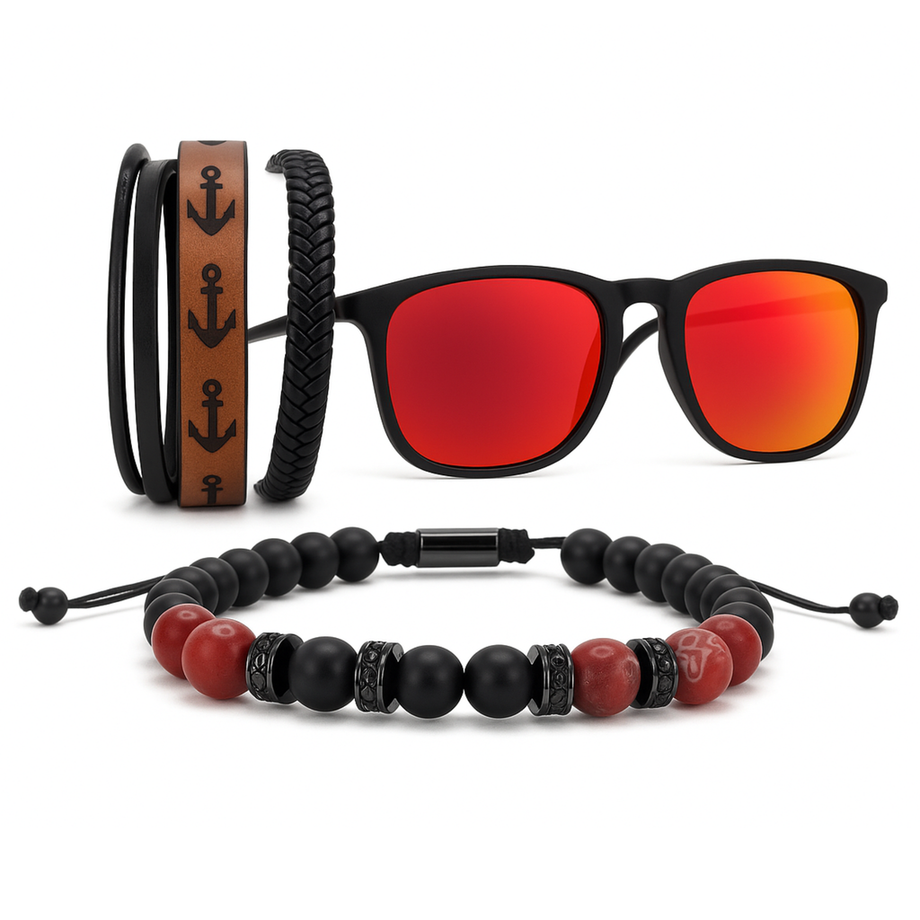 Combo Estilo Fuego para hombre: gafas polarizadas TR90 negro mate con lentes rojo vibrante, pulsera de cuero con grabado de anclas y pulsera Fuego Carmesí de piedras naturales ónix mate y jaspe rojo.
