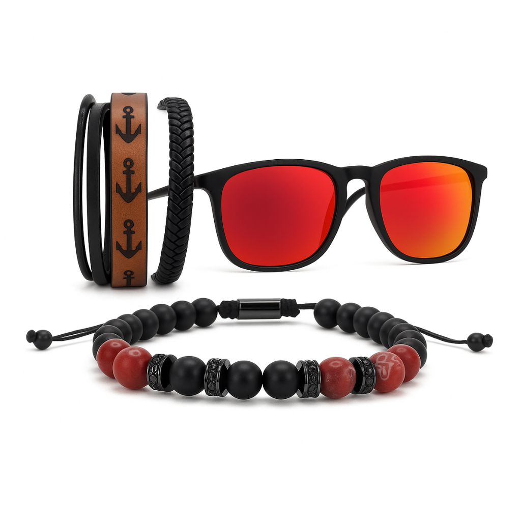 Combo Estilo Fuego para hombre: gafas polarizadas TR90 negro mate con lentes rojo vibrante, pulsera de cuero con grabado de anclas y pulsera Fuego Carmesí de piedras naturales ónix mate y jaspe rojo.