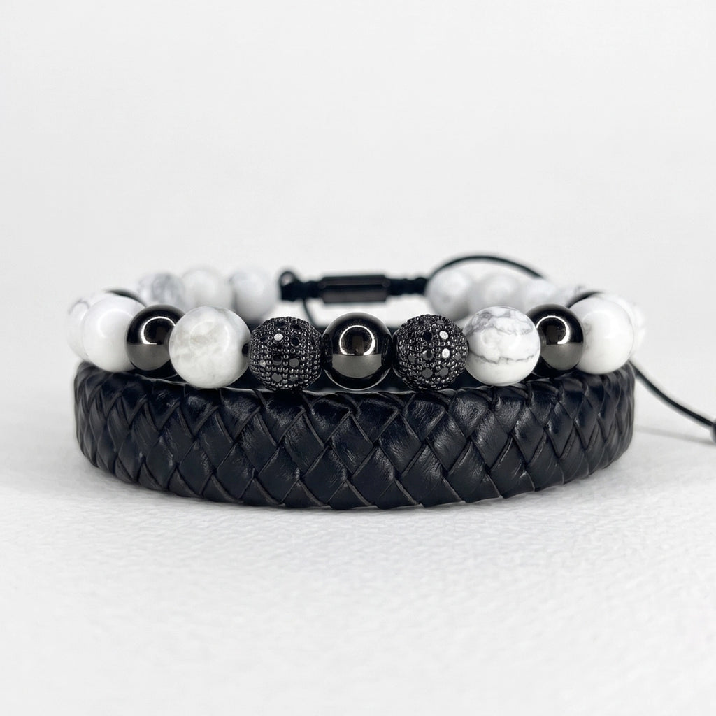 Set de 2 pulsera: Howlita y cuero trenzado negro