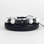 Set de 2 pulsera: Howlita y cuero trenzado negro