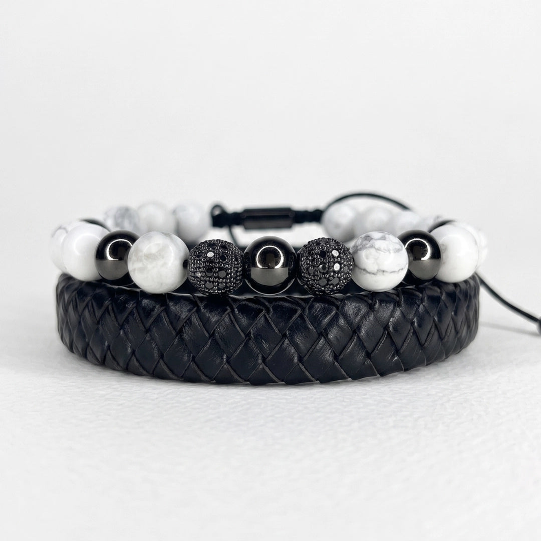 Set de 2 pulsera: Howlita y cuero trenzado negro