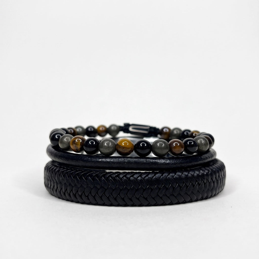 Pack de pulseras en fondo blanco donde se presencia 3 pulseras de gran durabilidad en piedra natural y cuero