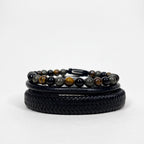 Pack de pulseras en fondo blanco donde se presencia 3 pulseras de gran durabilidad en piedra natural y cuero