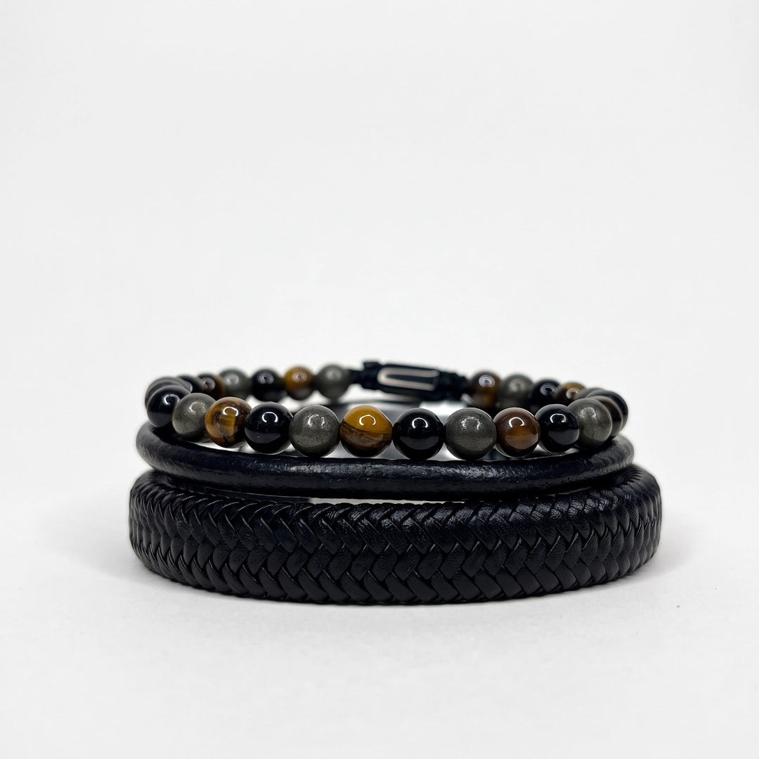 Pack de pulseras en fondo blanco donde se presencia 3 pulseras de gran durabilidad en piedra natural y cuero