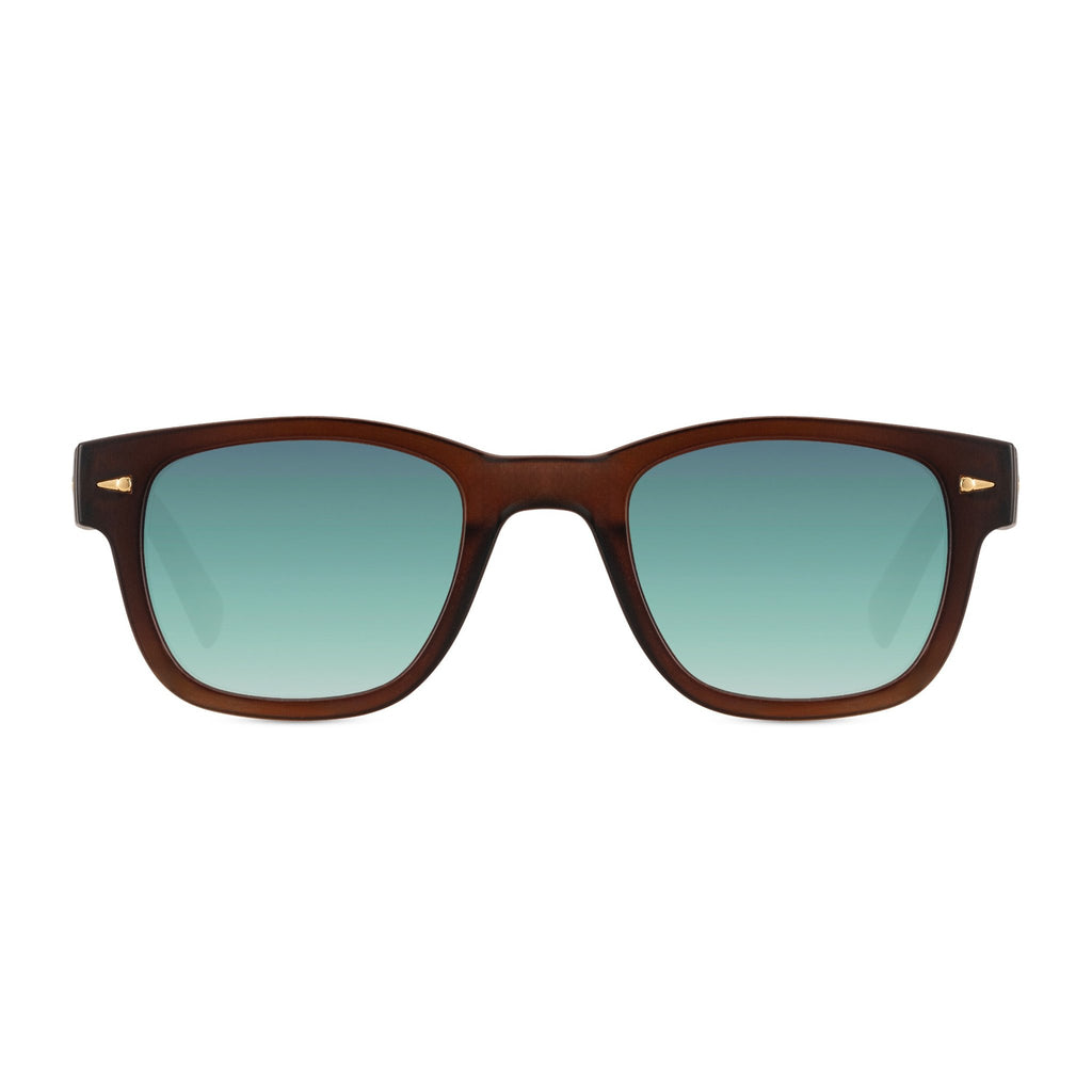 Gafas de sol marrón con lentes verdes y protección UV 100%, montura reciclada