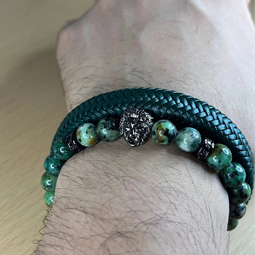 Set de 2 pulsera: Jaspe africano y cuero genuino Verde