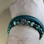 Set de 2 pulsera: Jaspe africano y cuero genuino Verde