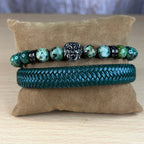 Set de 2 pulsera: Jaspe africano y cuero genuino Verde