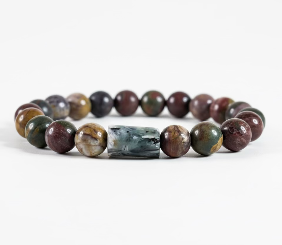 Textura natural y patrones únicos de las piedras de Jaspe Picasso Rojo en pulsera de KRV Accesorios.
