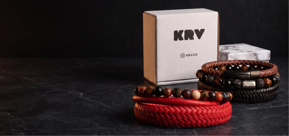 Cajas de empaque KRV para packs de pulseras de cuero y piedras naturales para hombre.