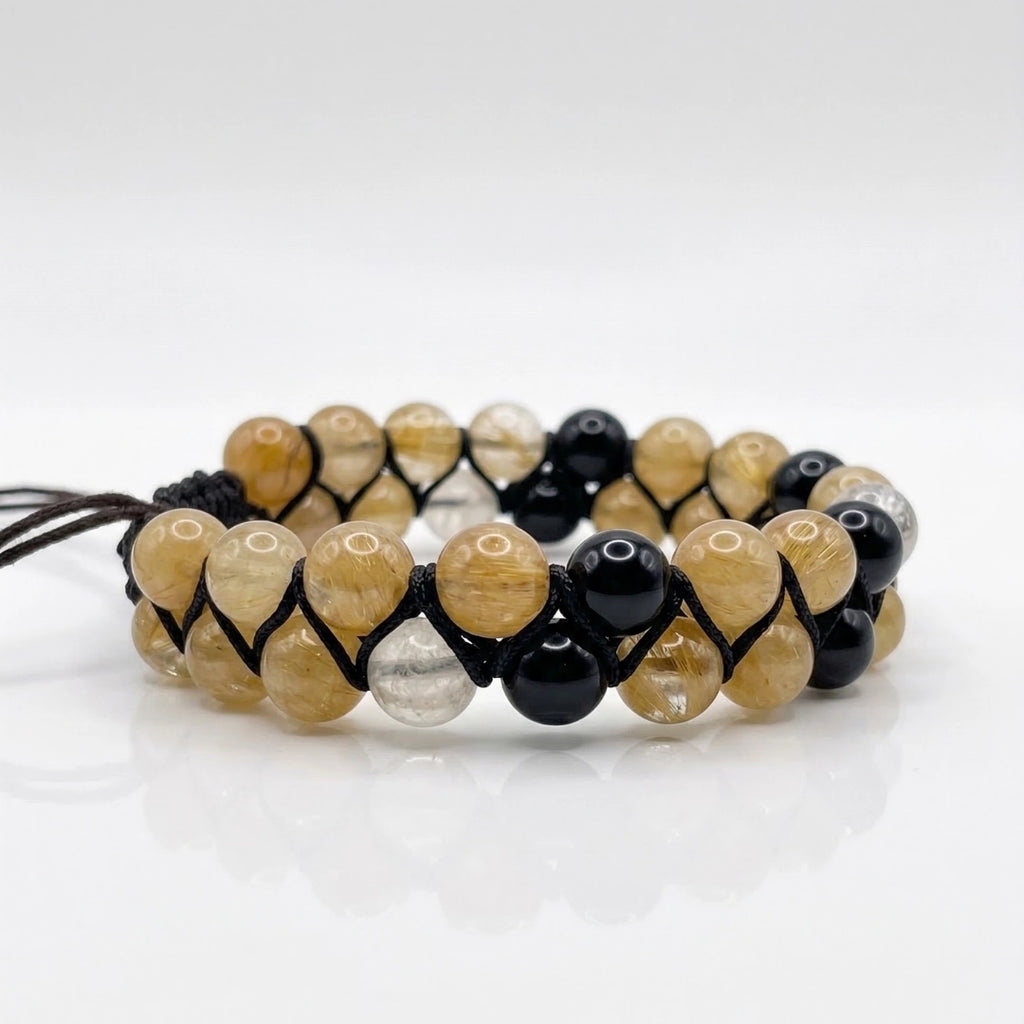 Pulsera masculina con nudo en zic zac hecha a base de hilo encerado con piedras naturales de citrino